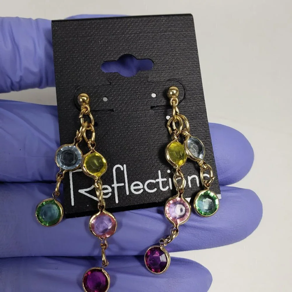 Gold tone Chain Drop Earrings Multicolor Crystal Dangles Stylish Women's Jewelry